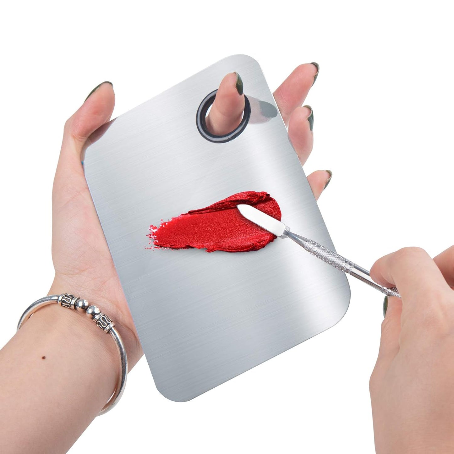 2 Pcs Makeup Mixing Palette, Upgrad Stainless Steel Metal Foundation Palette with Spatula Artist Tool for Mixing Foundation Nail-Art 5.9x3.9 in