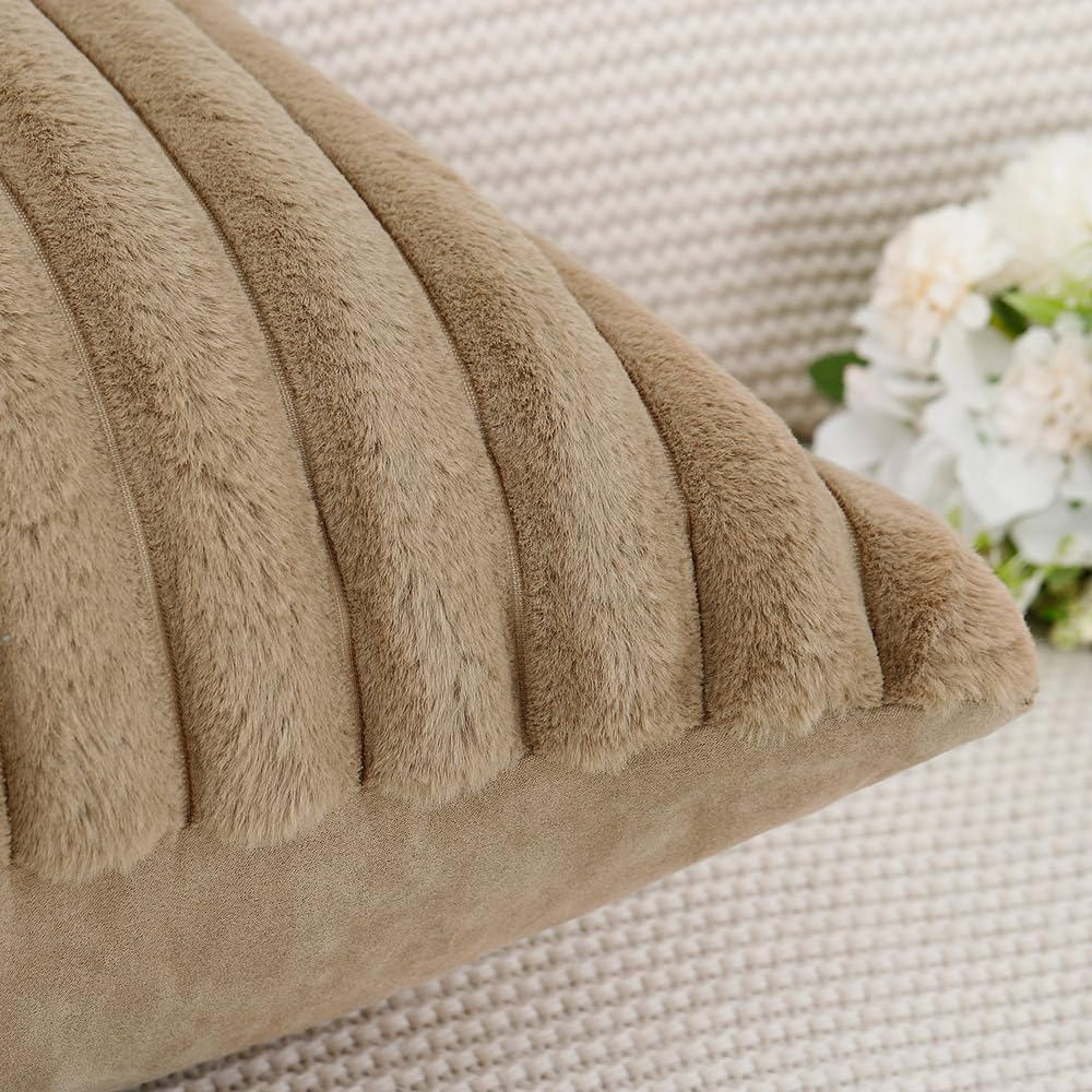 MADIZZ Set of 2 Faux Wool Plush Decorative Throw Pillow Covers 18x18 Inch Brown Fluffy Striped Soft Decorative Cushion Cover for Sofa Bedroom Pillow Shell