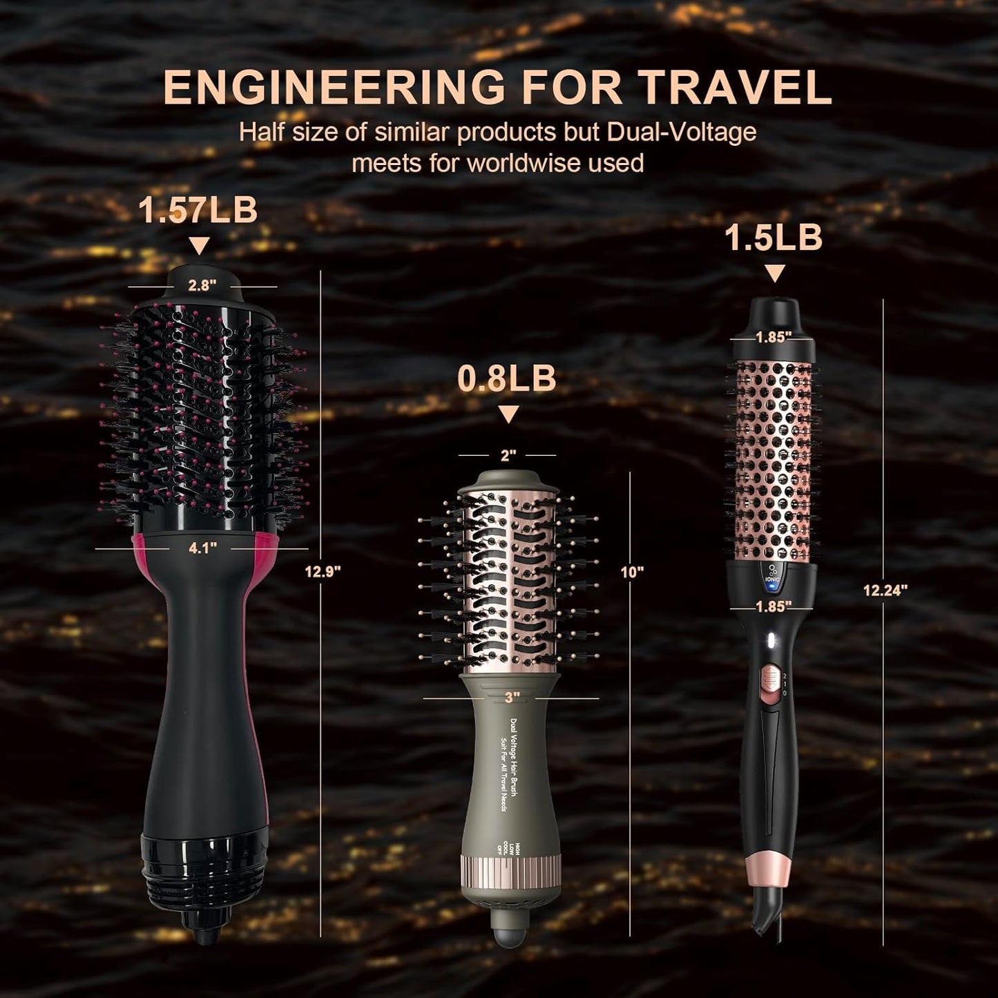 Travel Dual Voltage Blow Hair Dryer Brush 4-IN-1 Portable Mini Hot Air Dryer Straightener & Curler Brush, Titanium Round Blowout Styler Volumizer Tools, 110/240V US/EU/UK Plug for International Travel