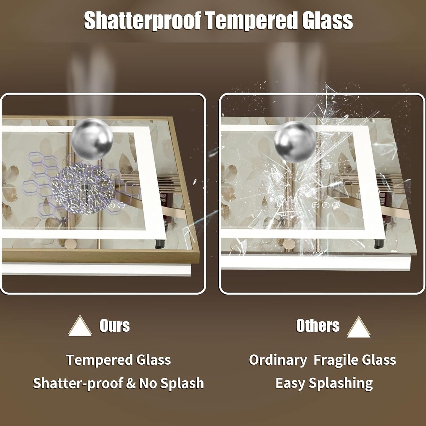 OKPAL 24x32 Gold LED Bathroom Mirror with Lights, Frontlit & Backlit Metal Framed Mirror, Lighted Bathroom Vanity Mirror, Anti-Fog, Dimmable 3 Colors, Shatterproof, Horizontal/Vertical