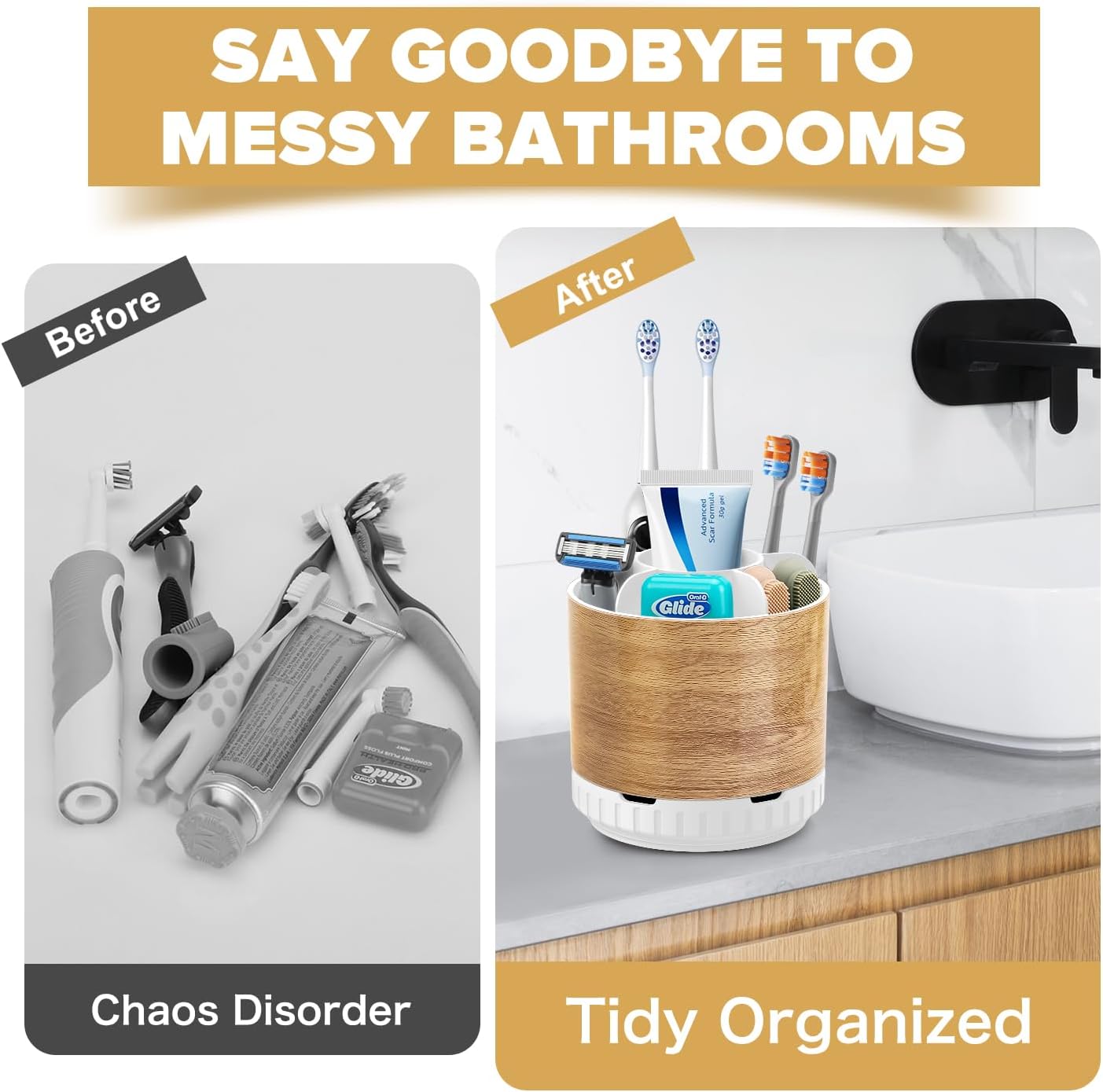 Wood Toothbrush Holders Organizers - Rotating Detachable 6 Slots Electric Toothbrush and Toothpaste Holde for Bathroom Accessories Organization Counter Vanity Sink Storage