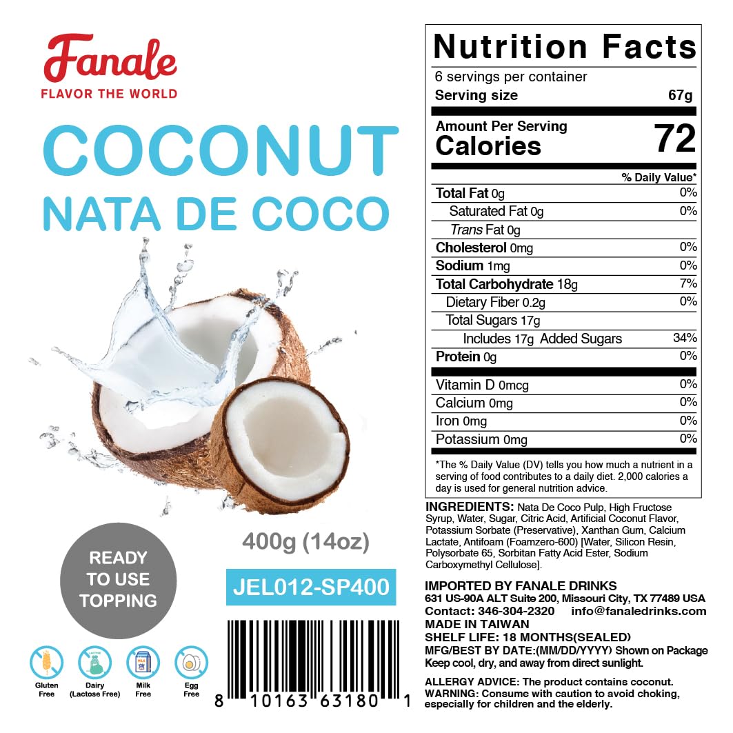 Fanale Coconut Jelly Topping nata de coco for Bubble Tea 400 g | Coconut Flavor Jelly | for Boba Tea, Smoothies, Slushes, Desserts 400g