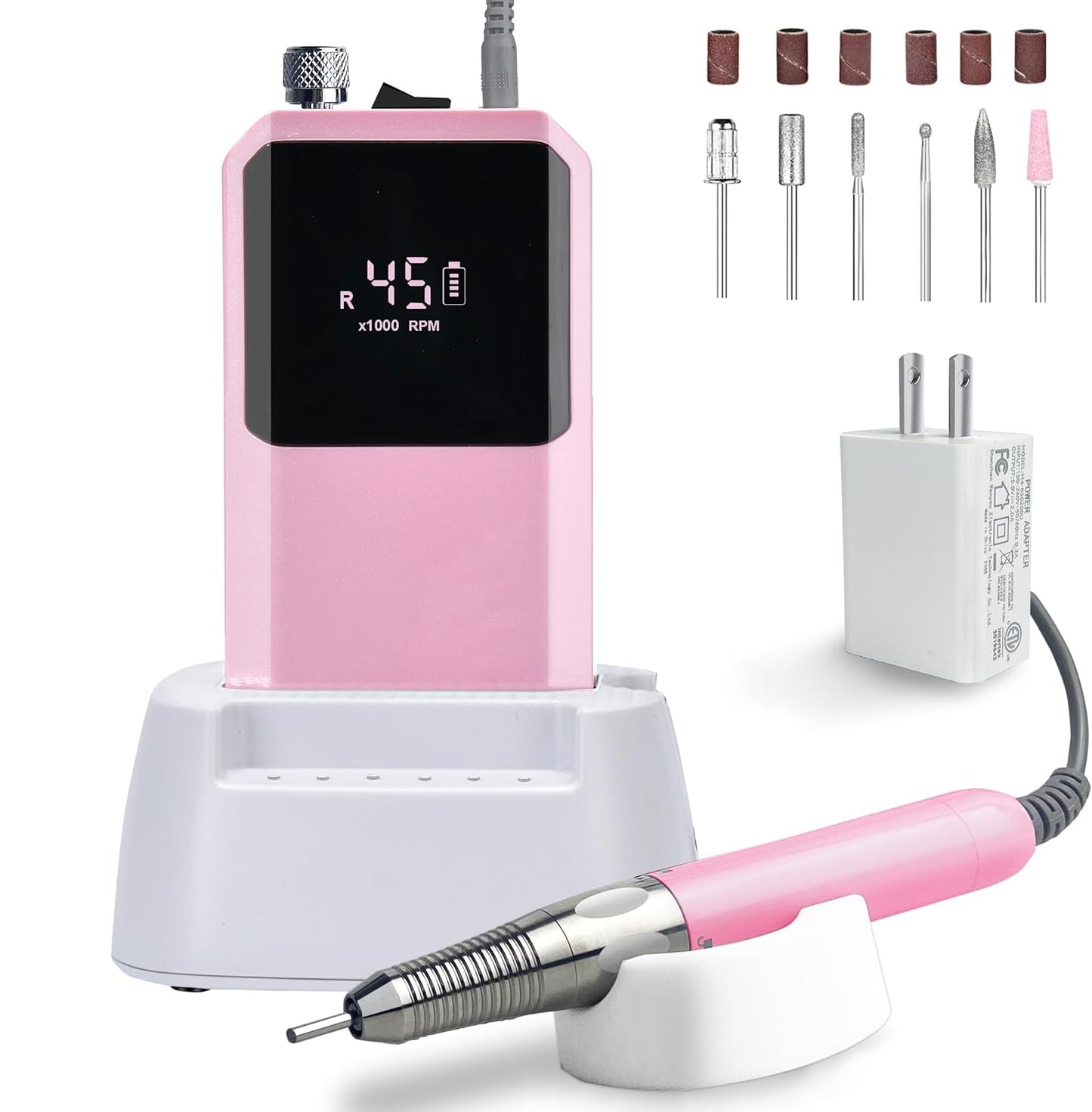Professional Nail Drill Machine - 2-in-1 Brushless Motor Nail File, 45000 RPM 2*3500mAh Portable Efile for Acrylic Gel Nails with 6 Bits & ETL-Certified USB Charger for Salon & Home(Pink)
