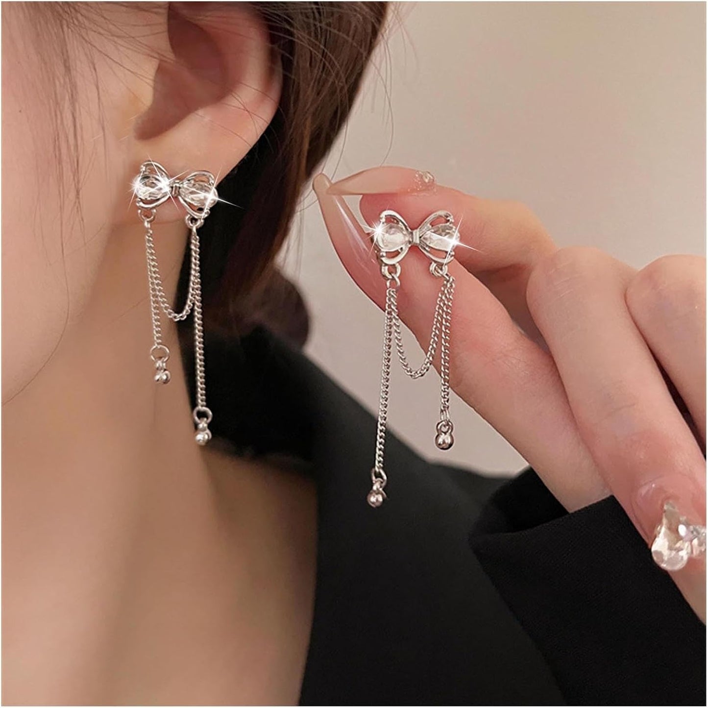 Vintage Crystal Bow Earrings Rhinestone Chain Drop Earrings Silver Long Chain Dangle Earrings Long Tassel Chain Earrings Jewelry for Women