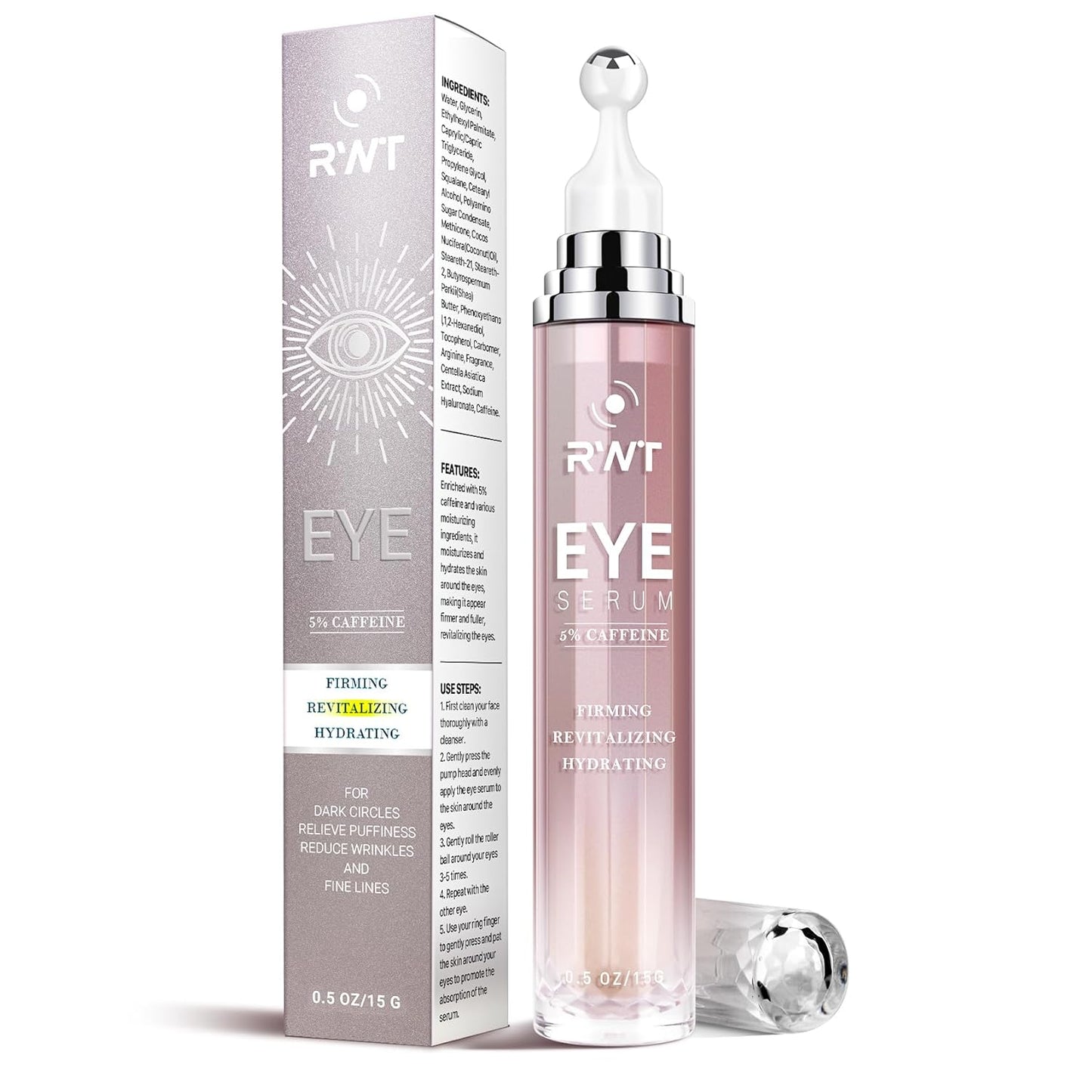5% Caffeine Eye Cream & Under Eye Serum for Dark Circles and Puffiness Eye Care Eye Roller Serum with 360° Massage Ball Eye Treatment Serum Under Eye Roller Cream for Women Reduce Wrinkles Fine Lines