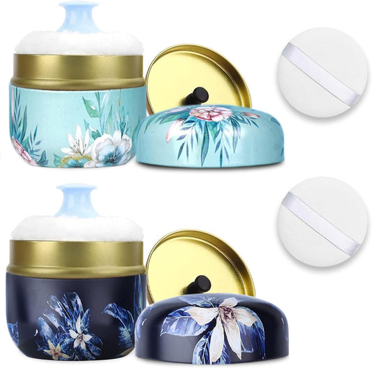 SHIMIDO Body Powder Puff and Container, 3.15" Portable Empty Body Powder Container for Baby Women's Loose Dusting Powder, Powder Case Box with Lids for Bath, Travel and Home Use (Dark&Big Flower)
