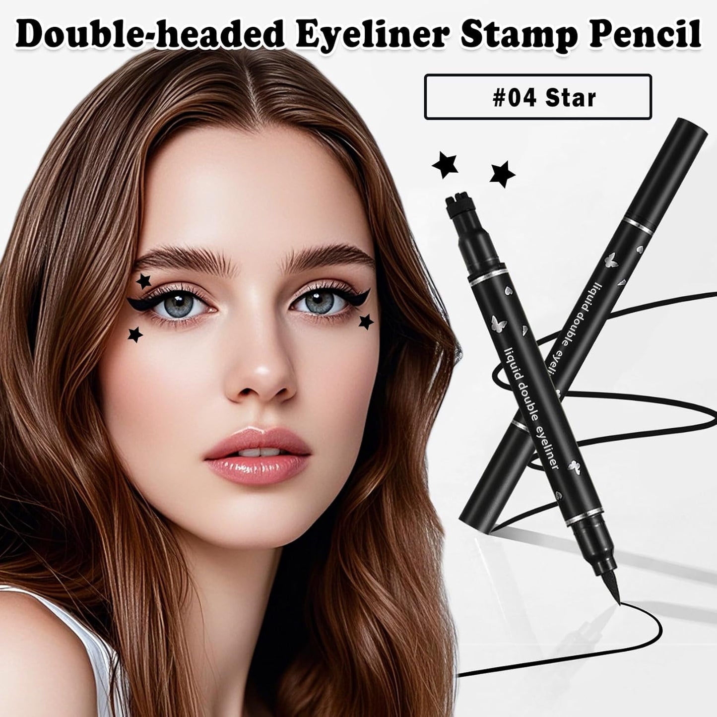 Double-headed Eyeliner Stamp Pencil Black Liquid Winged Eyeliner Stamp Pen Waterproof Smudgeproof Eye Liner Stamp for Eye Makeup(04 Star)