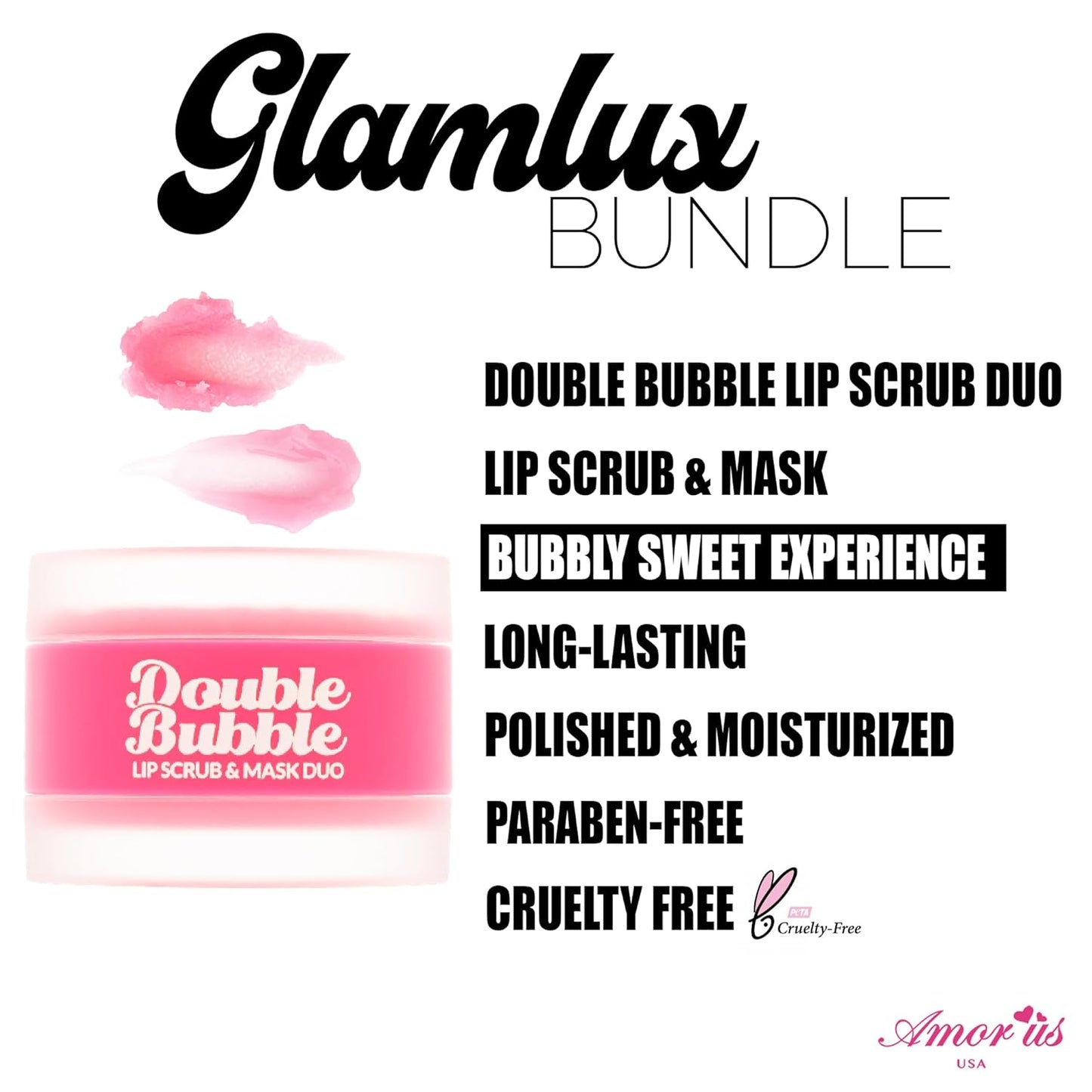 Beauty Bundle Lip Care AmorUs Double Bubble Lip Mask & Scrub Duo For Dry/Chapped/Cracked Lips Lip Exfoliant Promotes Healing & Collagen Lip Mask