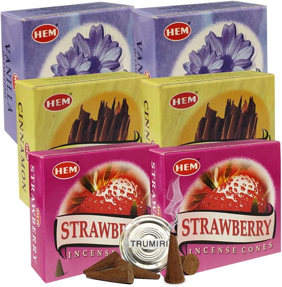 Vanilla Cinnamon Strawberry Incense Cones & Holder Bundle Variety Pack From Hem Trumiri Insense Insence