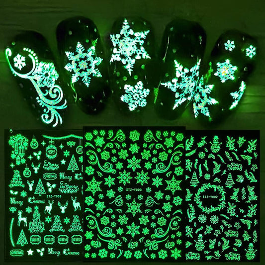 9 Sheets Christmas Glow in The Dark Nail Art Stickers Decals Self-Adhesive Pegatinas Uñas Navidad Winter Holiday Xmas Snowflake Nail Supplies Nail Art Design Decoration Accessories