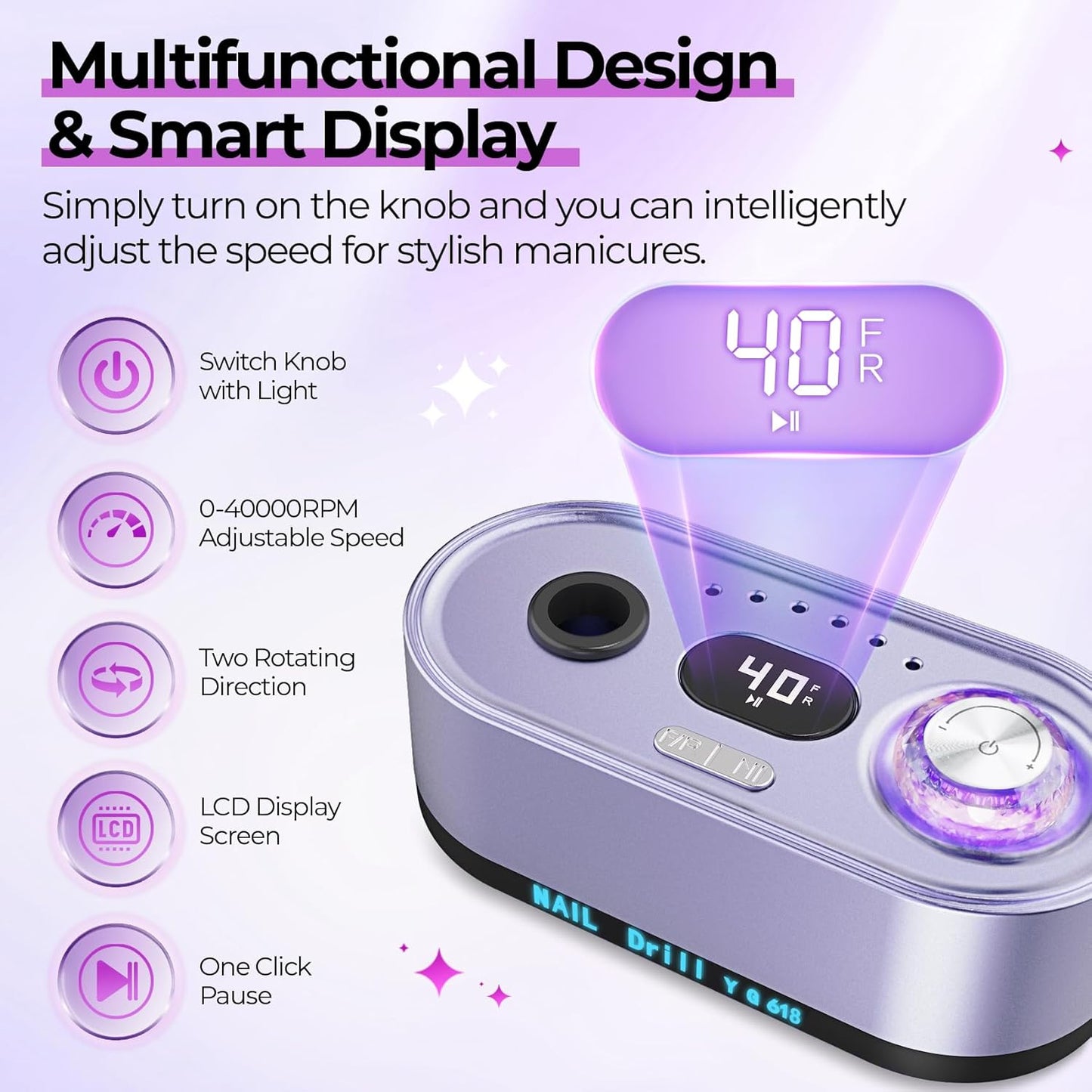 Electric Nail Drill Professional: 40000RPM Electric Nail File Kit E File Nail Drill Machine with LCD Display for Acrylic Gel Nail, Manicure Pedicure Polishing Nail Grinder for Salon Home Use