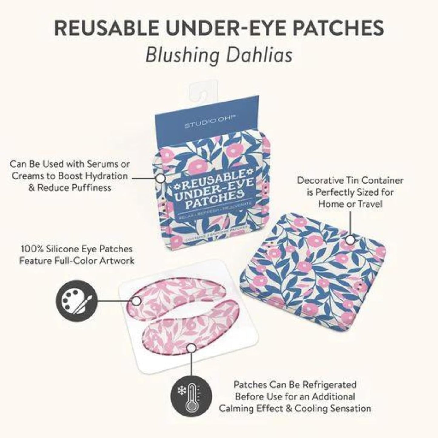 Studio Oh! Reusable Under-Eye Patches, Puffy Eyes Treatment and Under Eye Masks Skincare, 100% Silicone Eye Patches, Pairs with Favorite Serums or Creams, Blushing Dahlias