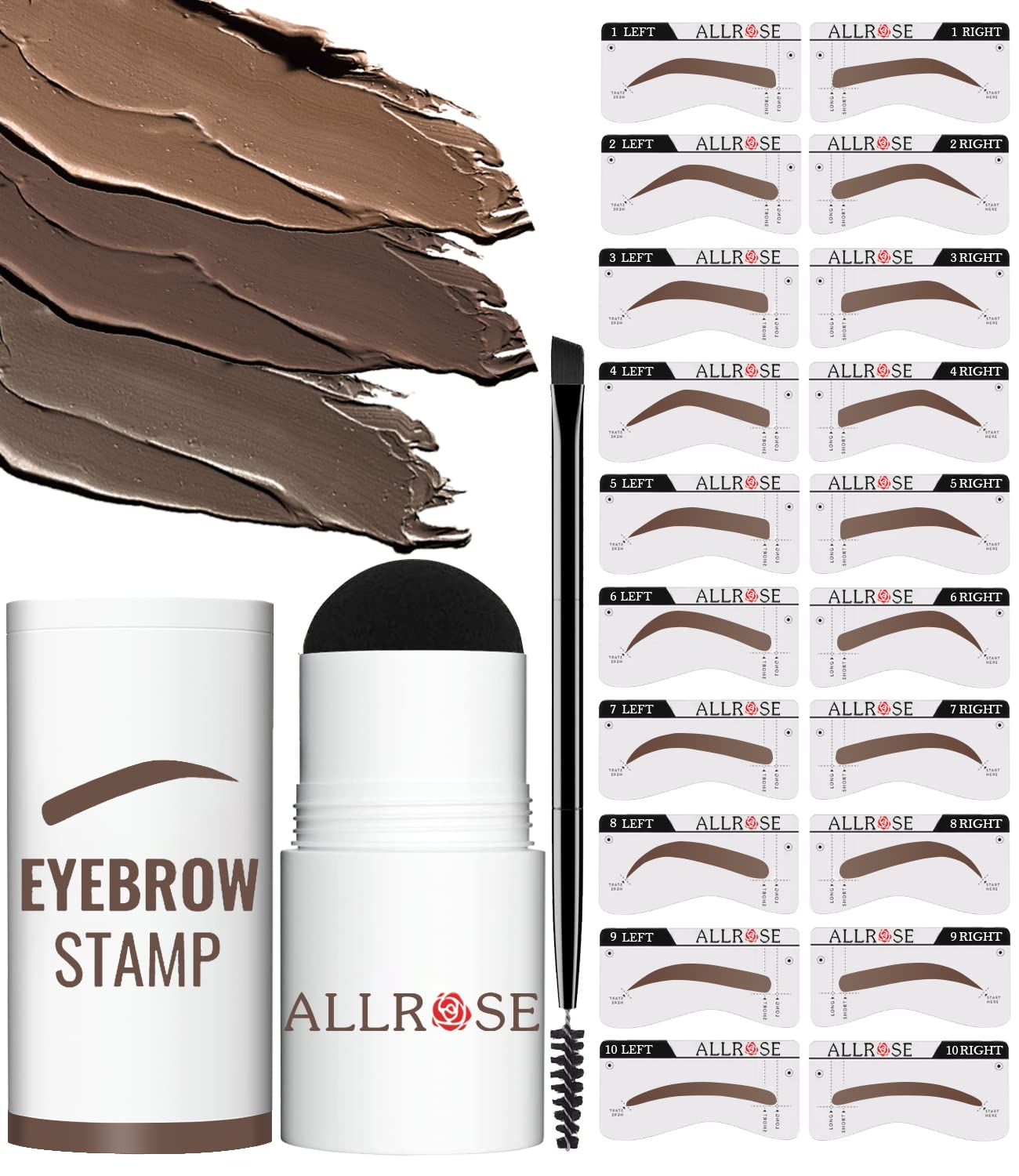 ALLROSE Eyebrow Stamp Stencil Kit - 20 Brow Stencils, Waterproof, Easy to Use, Ash Brown