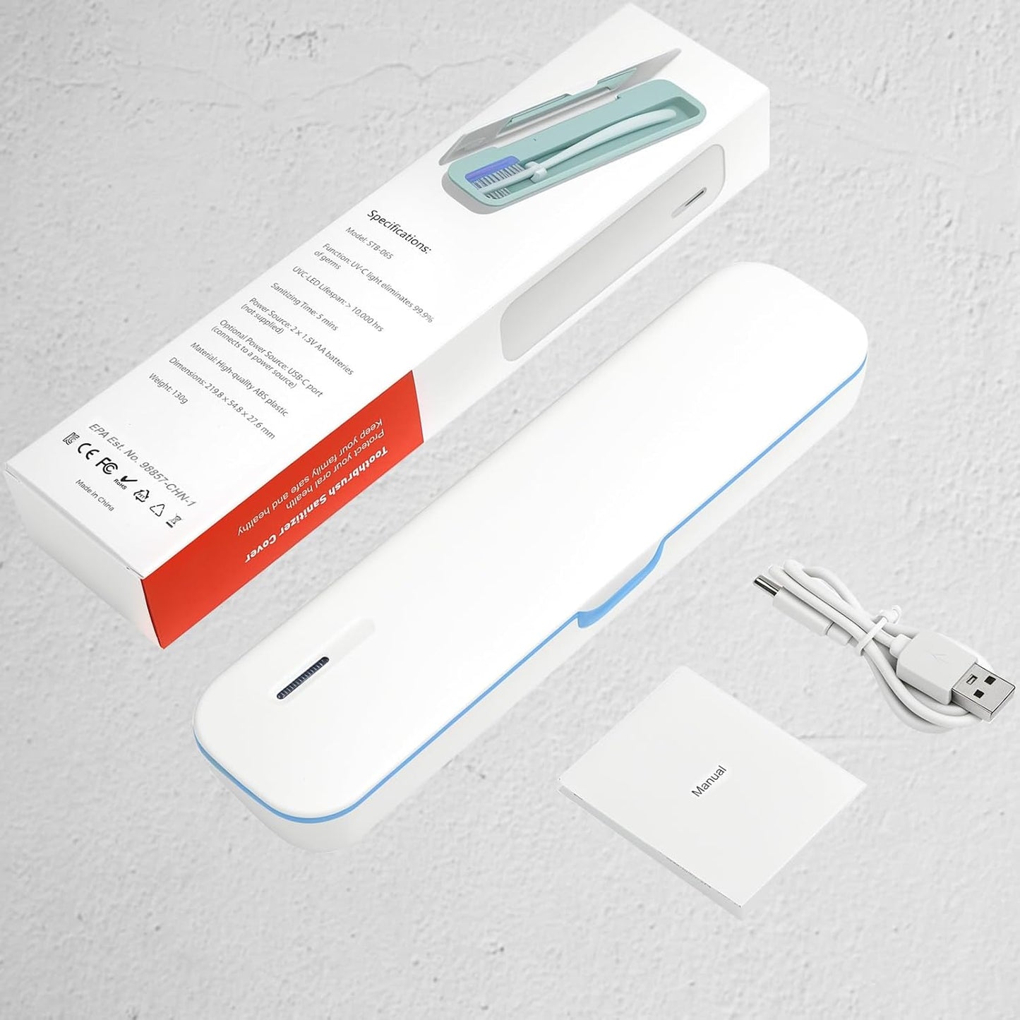 UV Toothbrush Sanitizer and Holder, Portable Travel Case and Cover, Toothbrush Cleaner Powered by AA Battery or USB-C, Fits Most Brushes