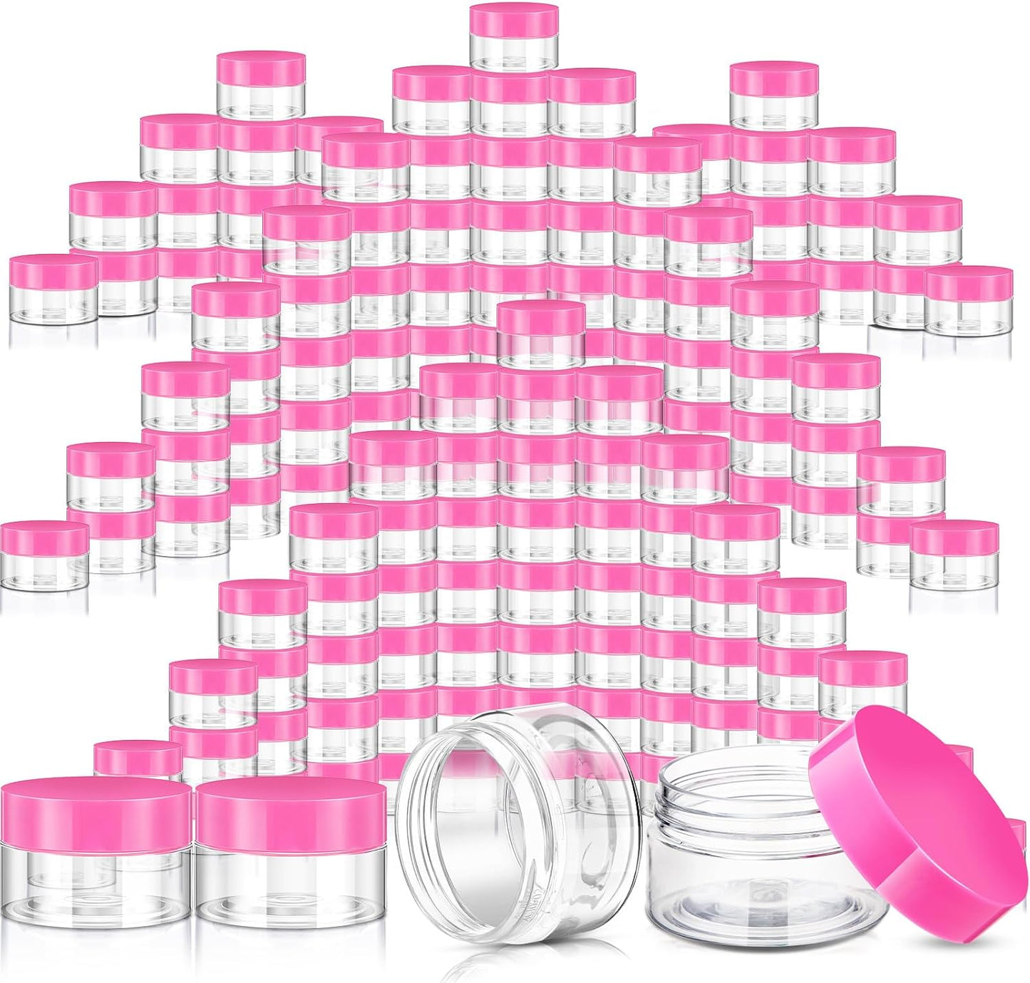 SATINIOR 100 Pcs Plastic Jars with Lids Small Containers Lids Wide Mouth Small Plastic Containers for Lotion Cream Rhinestones Body Butters Travel Storage(2 oz,Pink)