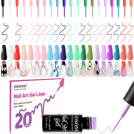 JODSONE Gel Polish Nail Art Gel Liner Set 20 Colors Red Pink Blue Purple with Thin Brush Need U V Lamp Cured Gift for Girls at Home Salon Design