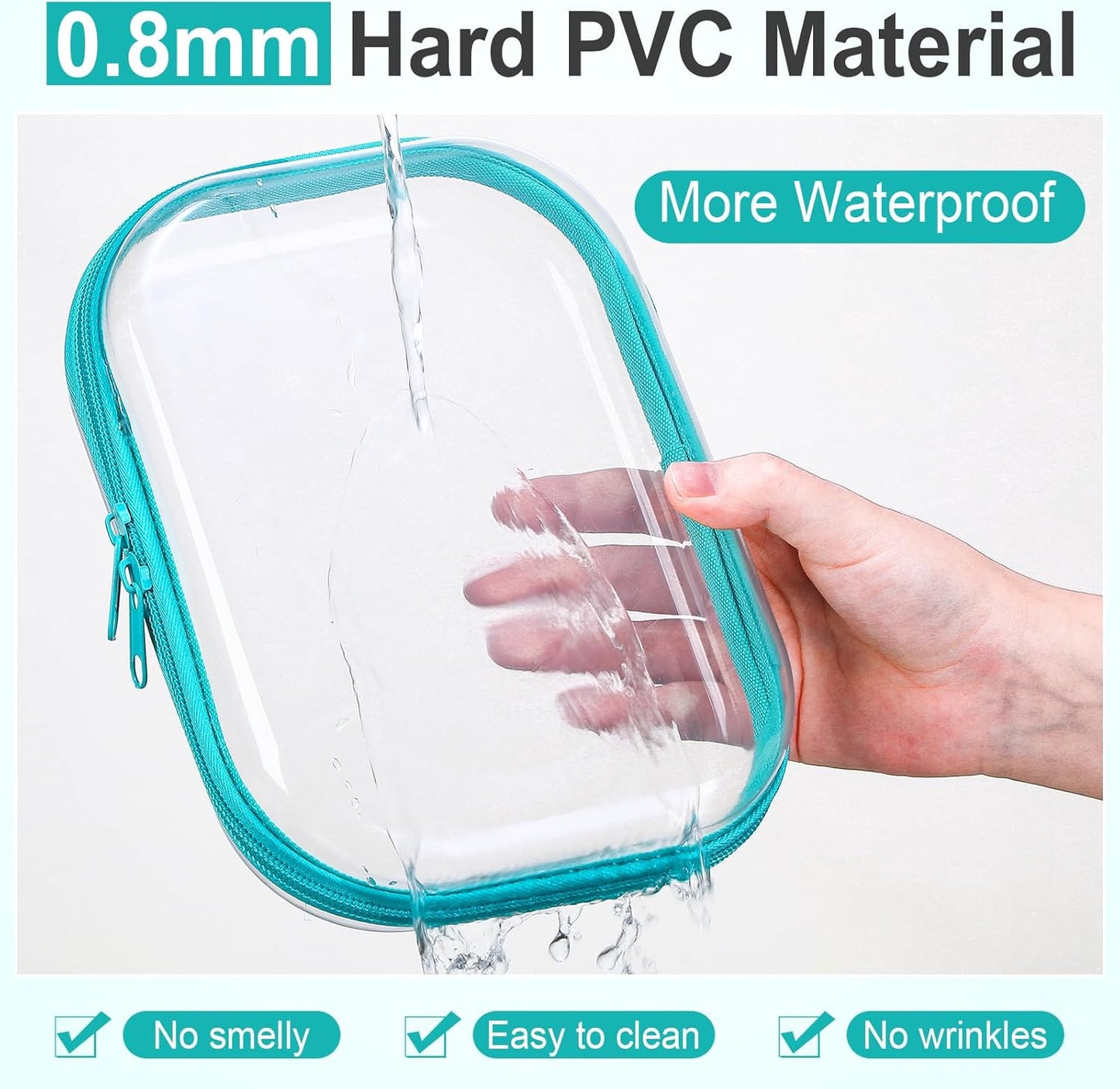 Sanwuta 6 Pcs Clear Hard Zipper Case Pencil Pouches Hard Plastic Zipper Pouches Makeup Bag Transparent Cases for Snacks Plastic Storage Organizer Box for Travel(Teal,7.87 x 5.9 x 2 Inch)