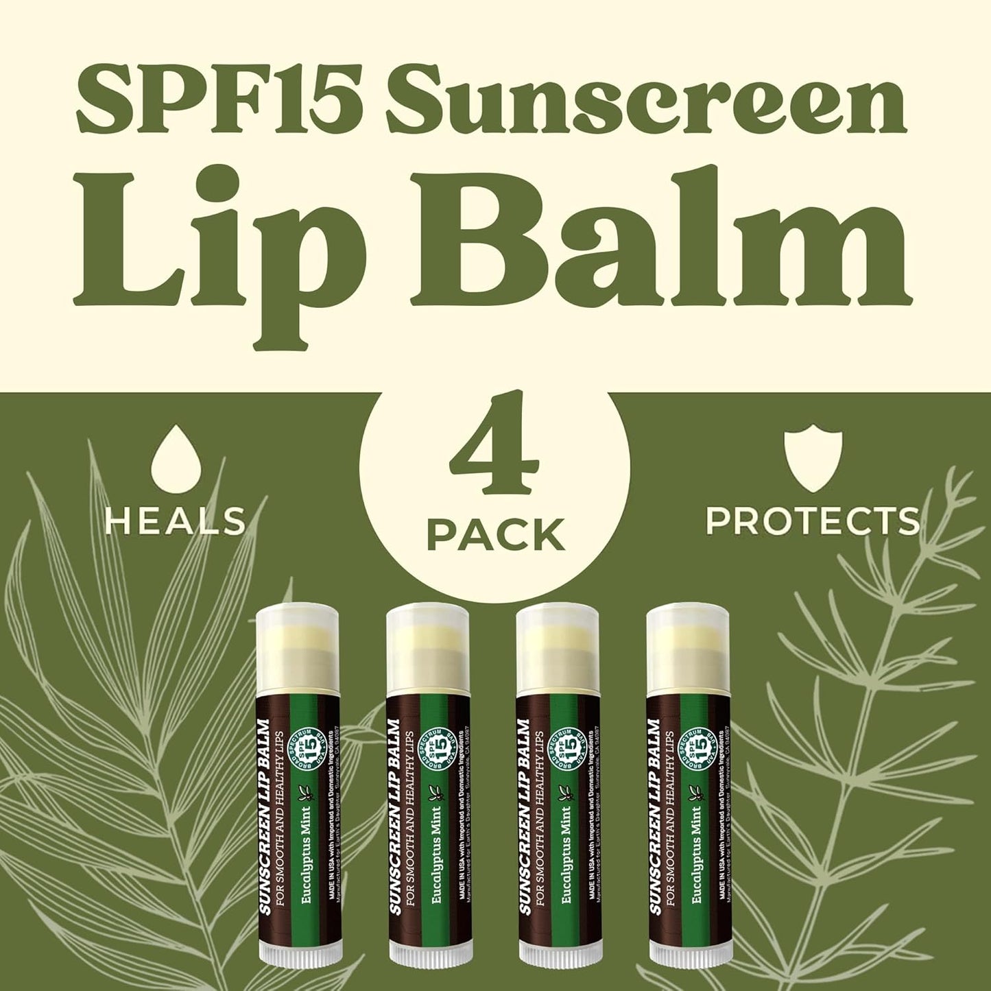 Earth's Daughter SPF Lip Balm Eucalyptus Mint 4-Pack - Lip Sunscreen, SPF 15, Organic Ingredients, Beeswax, Coconut Oil, Vitamin E - Hypoallergenic, Gluten Free