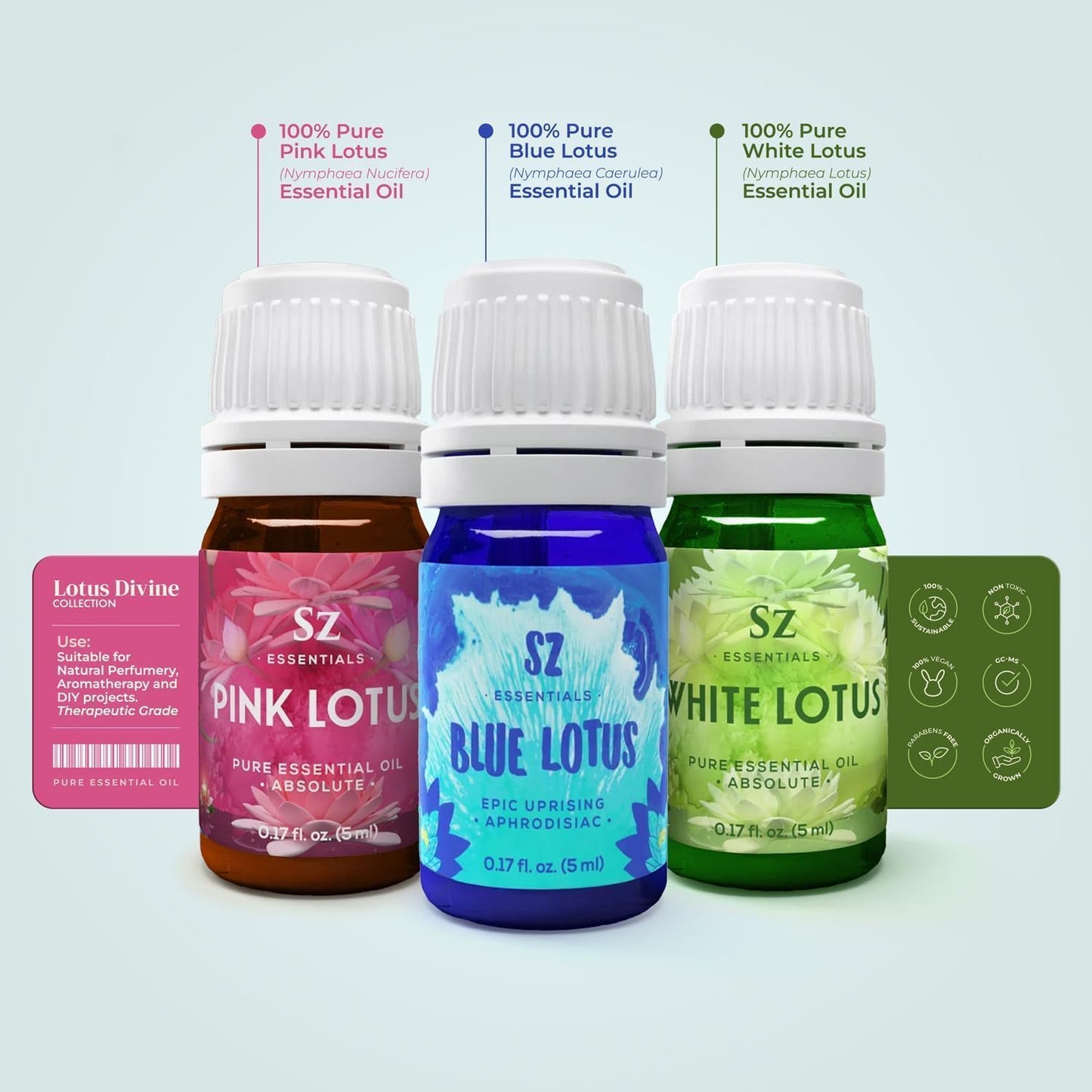 Divine Essential Oils Collection - Blue, Pink, White Lotus - Set of 3 Bottles (0.17 Fl Oz - 5ml Each) - 100% Pure, Natural & Undiluted - Therapeutic Grade & Vegan