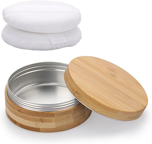 ELLDOO Body Powder Puff and Container, 10oz Empty Bamboo Case with Aluminum Inner Jar, Travel Loose Dusting Powder Storage Box with 2pcs Powder Puffs for Baby Women