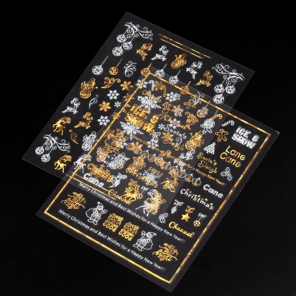 9 Sheets Christmas Nail Art Stickers Decals Self-Adhesive Pegatinas Uñas Gold White Nail Supplies Nail Art Design Decoration Accessories