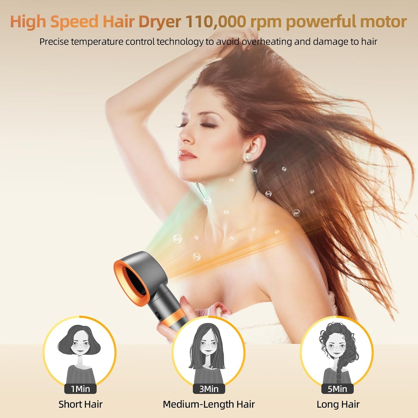 T-GOGO Hair Dryer Brush Professional: 6 in 1 Hot Air Hair Styler & Dryer Set, Powerful Hair Air Curling Iron High-Speed Negative Ionic Blow Dryer, Auto-Wrap, No Heat Damage (Yellow)