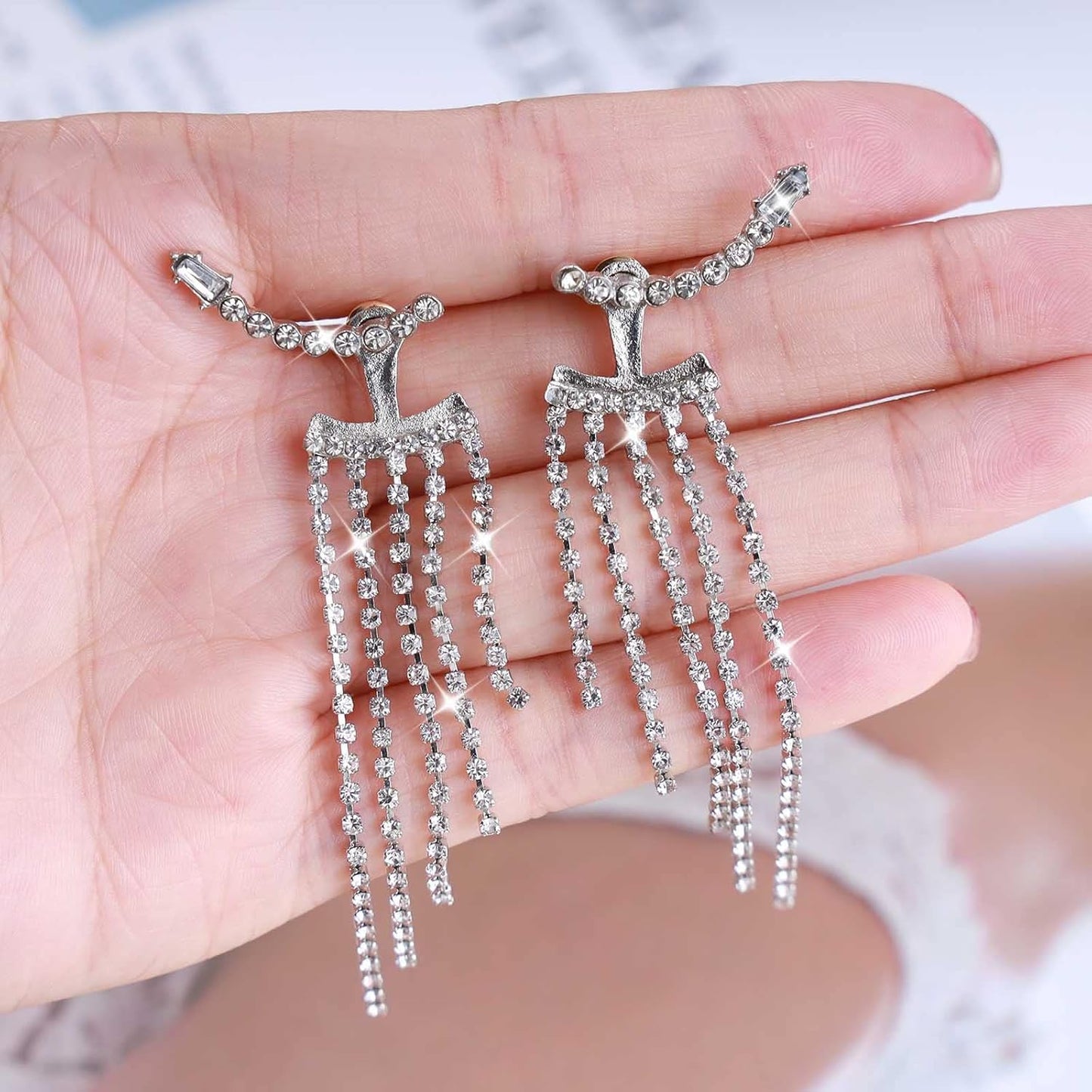 Vintage Rhinestone Chandelier Drop Earrings Crystal Ear Climber Earrings Long Tennis Chain Earrings Silver Cz Tennis Chain Tassel Earrings Jewelry for Women