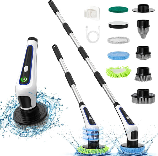 Electric Spin Scrubber, Rocfinity Cordless Cleaning Brush with 9 Brush Heads, 3 Adjustable Speeds and Extension Handle for Bathtub, Kitchen, Window,Full-Body IPX7 Waterproof Bathroom Cleaner Brush