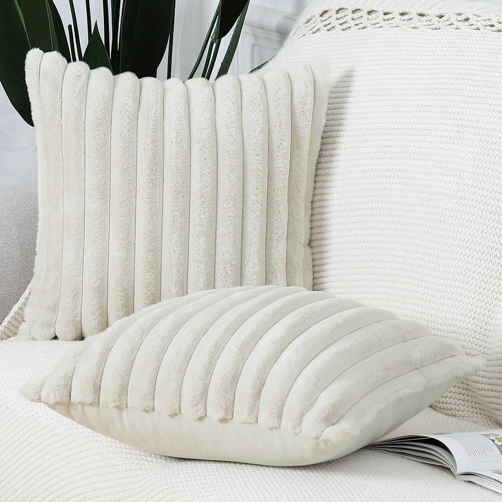 MADIZZ Set of 2 Faux Wool Plush Decorative Throw Pillow Covers 26x26 Inch Greyish White Fluffy Striped Soft Decorative Cushion Cover for Sofa Bedroom Pillow Shell