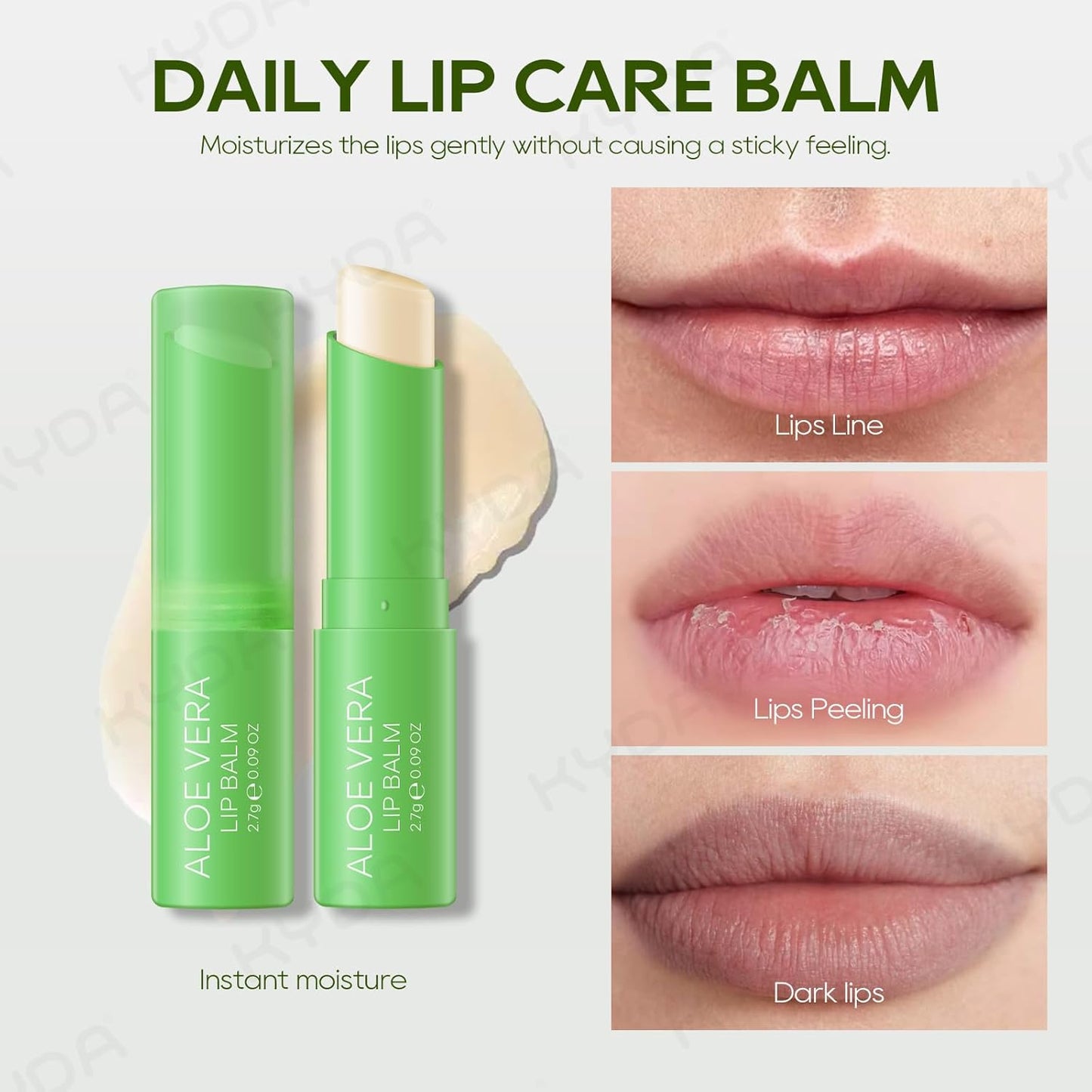 KYDA 3 Pcs Aloe Vera Lip Balm, Deep Hydrating Tinted Lip Balm, Reduce Fine Lines, Daily Lip Moisturizer for Dry Cracked Lips, with Real Aloe Vera, Colorless Finish