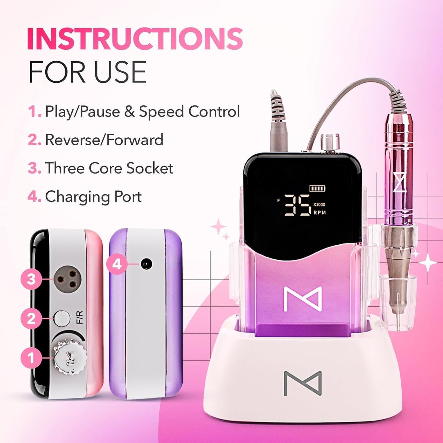 M Mase- Professional Nail Drill Machine - Coreless 2-in-1 Nail File - Electric, Cordless, 35000 RPM, HD Display - Electric Nail Drill for Professional & Home Use (Rose Gold)