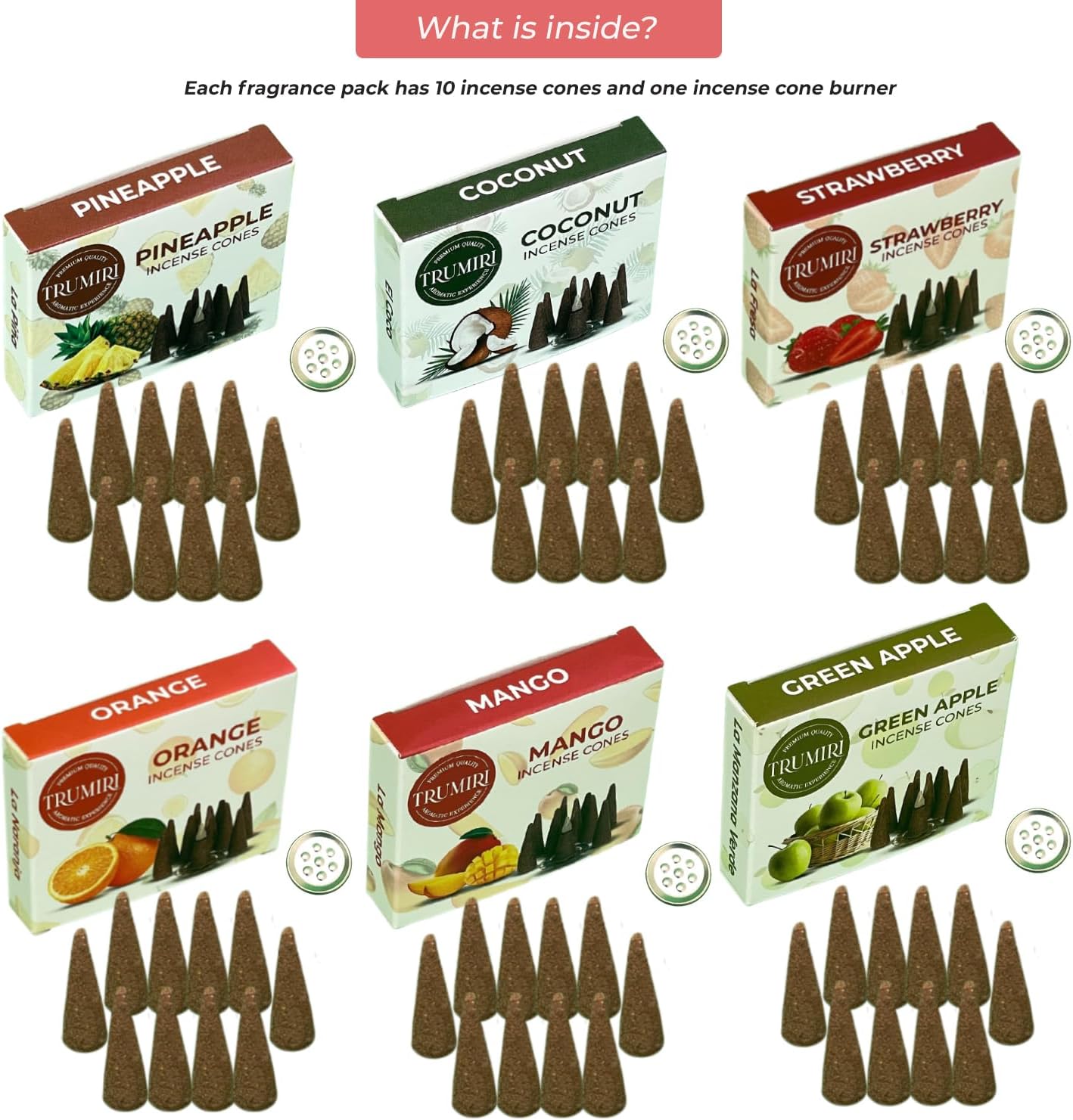 Trumiri Fruity Incense Cones - Variety Pack - Total 60 Cone Incense (6 Scents x 10 Conos) - Strawberry, Coconut, Pineapple, Apple, Mango, Orange - Cone Incense Scents - Insense Cones - Incent Cone