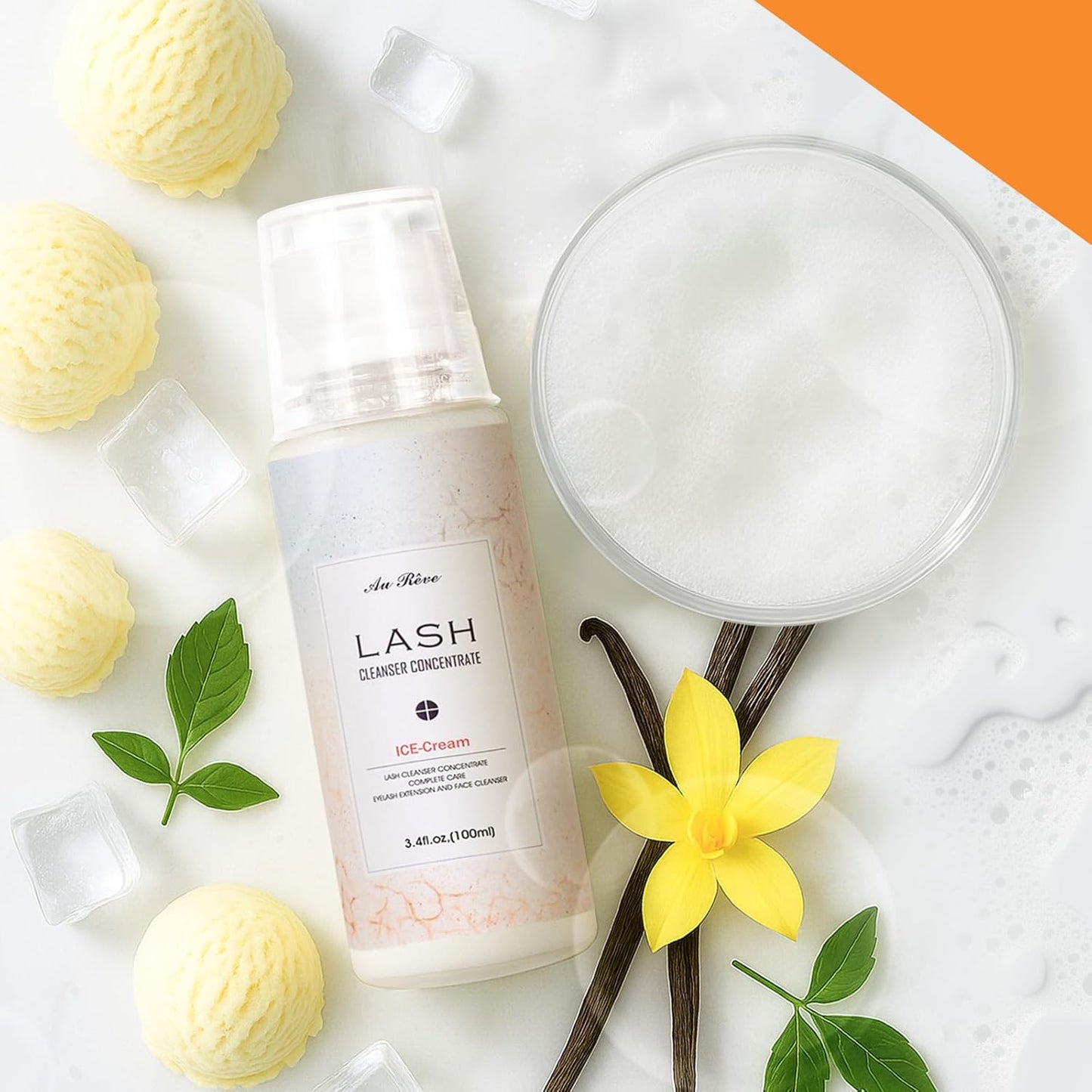 Lash Shampoo Concentrate 100ml Lash Extension Cleanser Oil-Free Eyelash Extension Shampoo with Salon Home Care -Makes 20 Bottles 60ml Eyelash Cleaner,Ice Cream