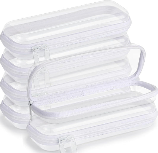 Sanwuta 6 Pcs Clear Hard Zipper Case Pencil Pouches Hard Plastic Zipper Pouches Makeup Bag Transparent Cases for Snacks Plastic Storage Organizer Box for Travel(White,7.87 x 2.56 x 1.57 Inch)