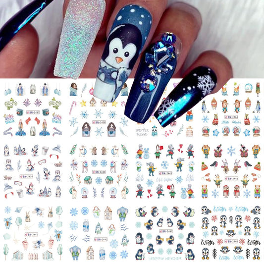 Snowflake Nail Art Stickers Decals Christmas Decorations - 12 Sheets Winter Snowman Elk Penguin Bear Design Water Transfer Slider Foils Supplies for Women DIY Acrylic