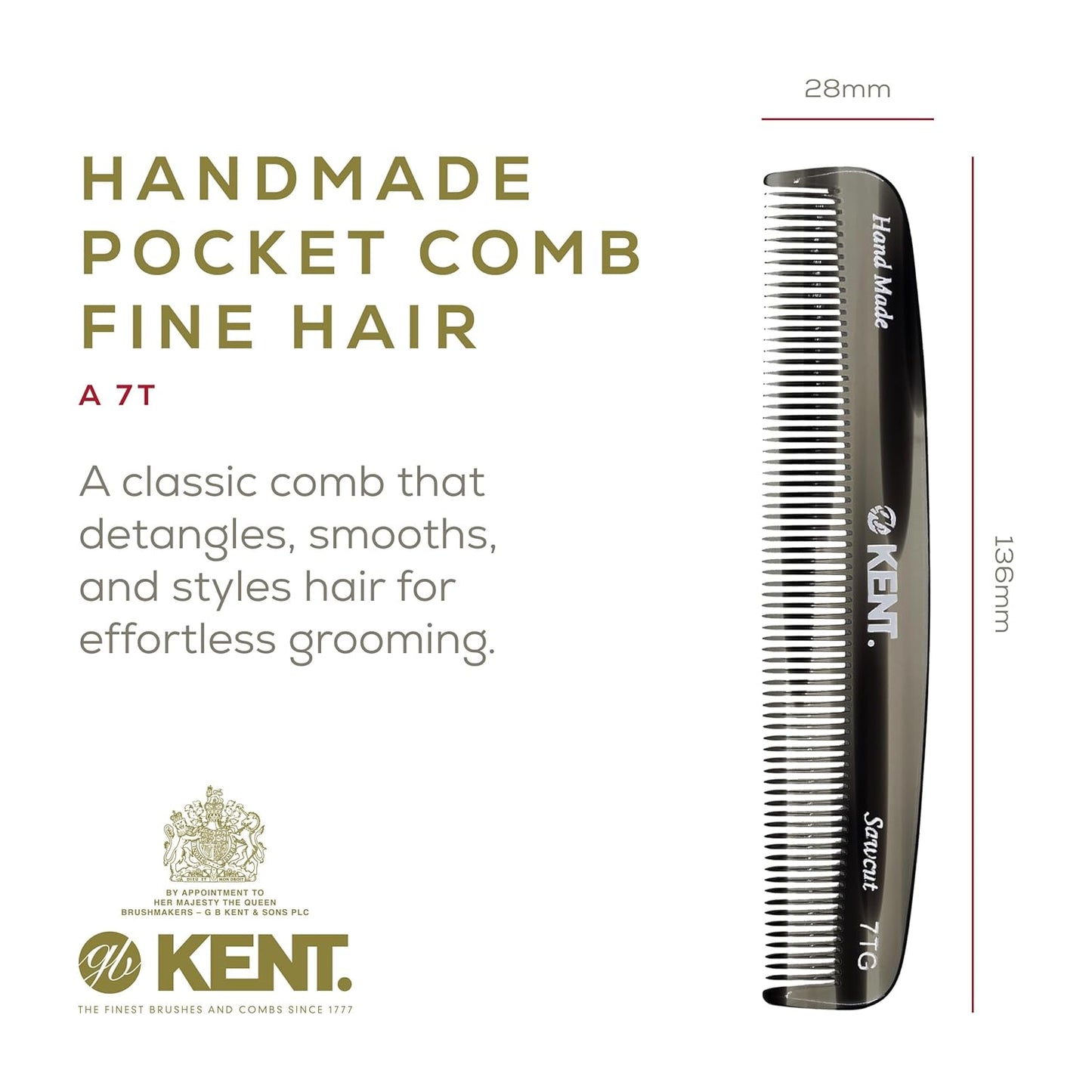 Kent 7T G All Fine Tooth Pocket Comb - Handmade Grooming Comb for Styling, Travel, Mustache and Beard Care - Saw Cut and Hand Polished