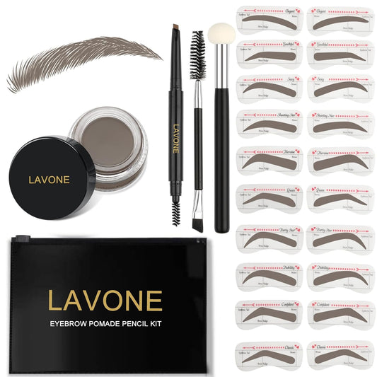 LAVONE Eyebrow Stamp Stencil Kit for Eyebrow, Brow Stamp Trio Kit with Waterproof Eyebrow Pencil, Eyebrow Pomade,20 Eyebrow Stencils,Dual-ended Eyebrow Brush and Sponge Applicator - Grey