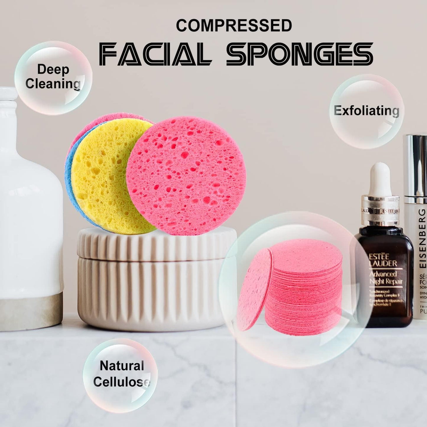 100-Count Facial Sponges Compressed Natural Cellulose Sponge Round Shape Face Sponge for Face Cleansing Exfoliating and Makeup Removal, Yellow