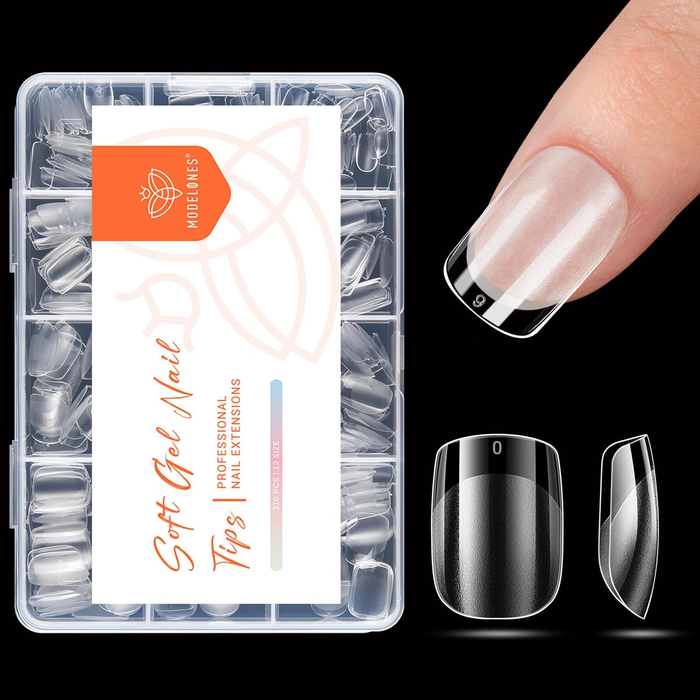 modelones Extra Short Square Nail Tips, Pre-shaped Soft Gel Tips Fake Nails False Acrylic Clear Full Cover Press on Extension Kit Gel Manicure DIY at Home 216PCS 12Sizes