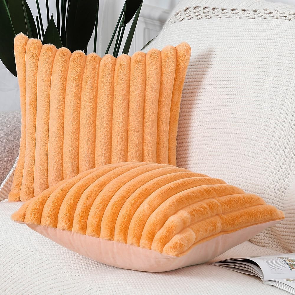 MADIZZ Set of 2 Faux Wool Plush Decorative Throw Pillow Covers 26x26 Inch Orange Fluffy Striped Soft Decorative Cushion Cover for Sofa Bedroom Pillow Shell