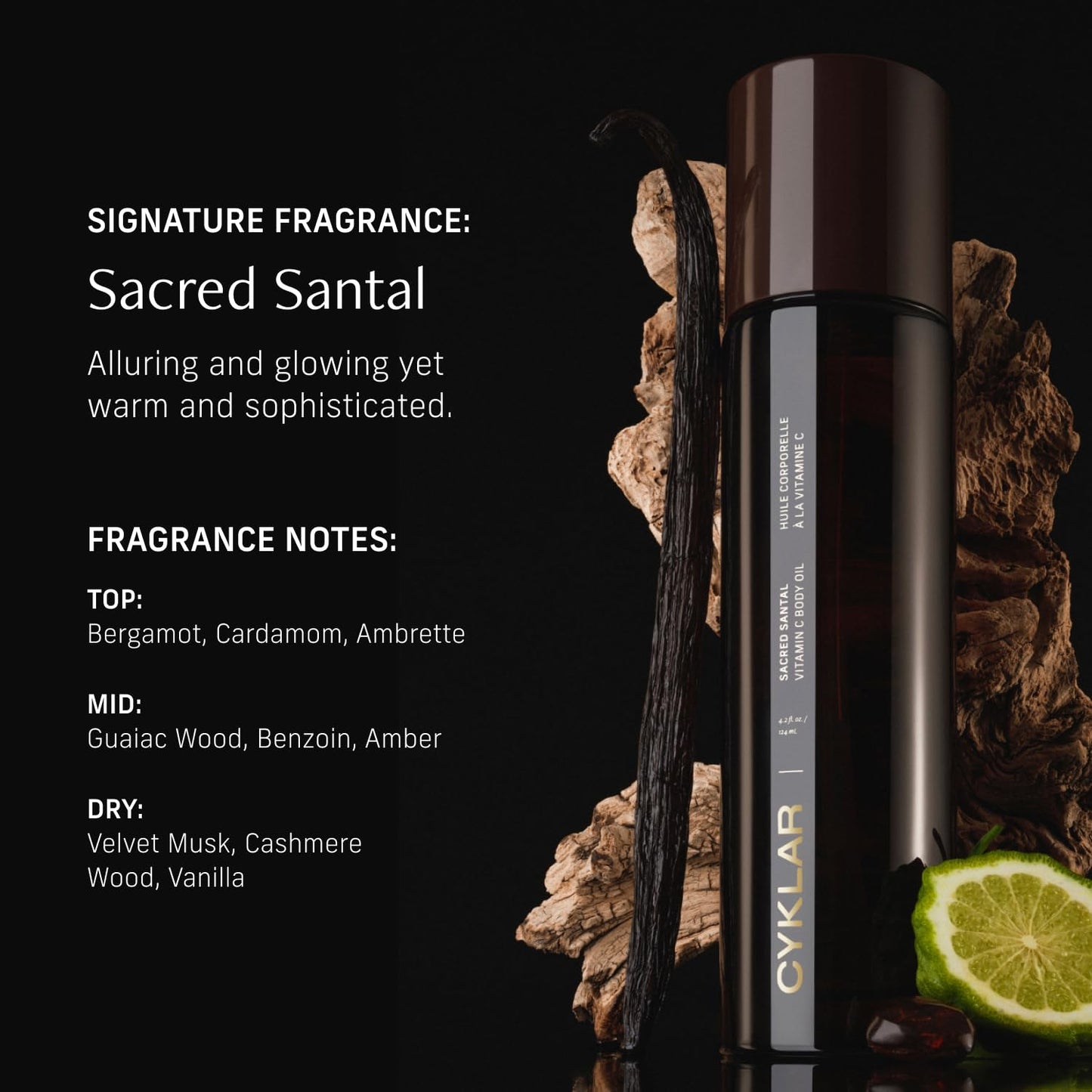 Vitamin C Body Oil for Women and Men. Moisturizing Sacred Santal Scented Body Serum for Glowing Skin. Nourishing, Hydrating After-Shower and Bath Skin Care Moisturizer, 4.2 Fl Oz