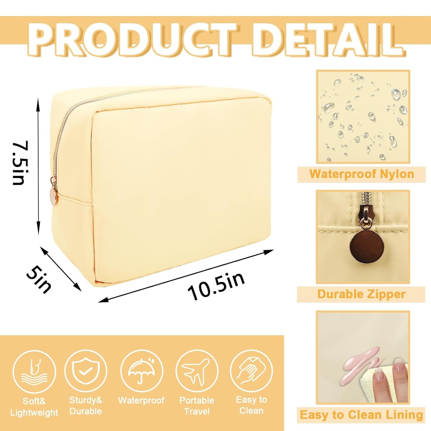 Large Makeup Bag Pouch,Nylon Women Travel Toiletry Storage Bag Preppy Cosmetic Bag for Girls,Big Makeup Organizer Bag Cute Zipper Pouch Skincare Bag for Sport Work Gift(Large-Sand)