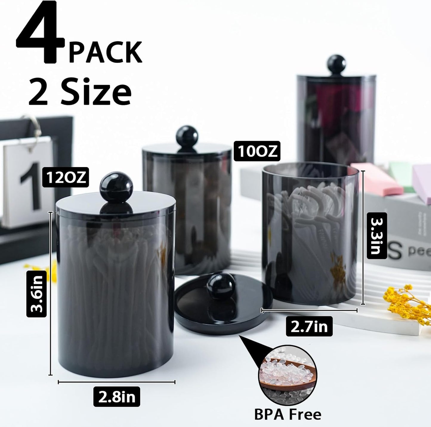 4 Pack Qtip Holder,Canister Apothecary Jar Set, Bathroom Jars with Lids Set for Cotton Swabs, Balls, Pads, Floss Picks,10oz-12oz Plastic Canisters Restroom Bedroom Vanity Organizer(Black)
