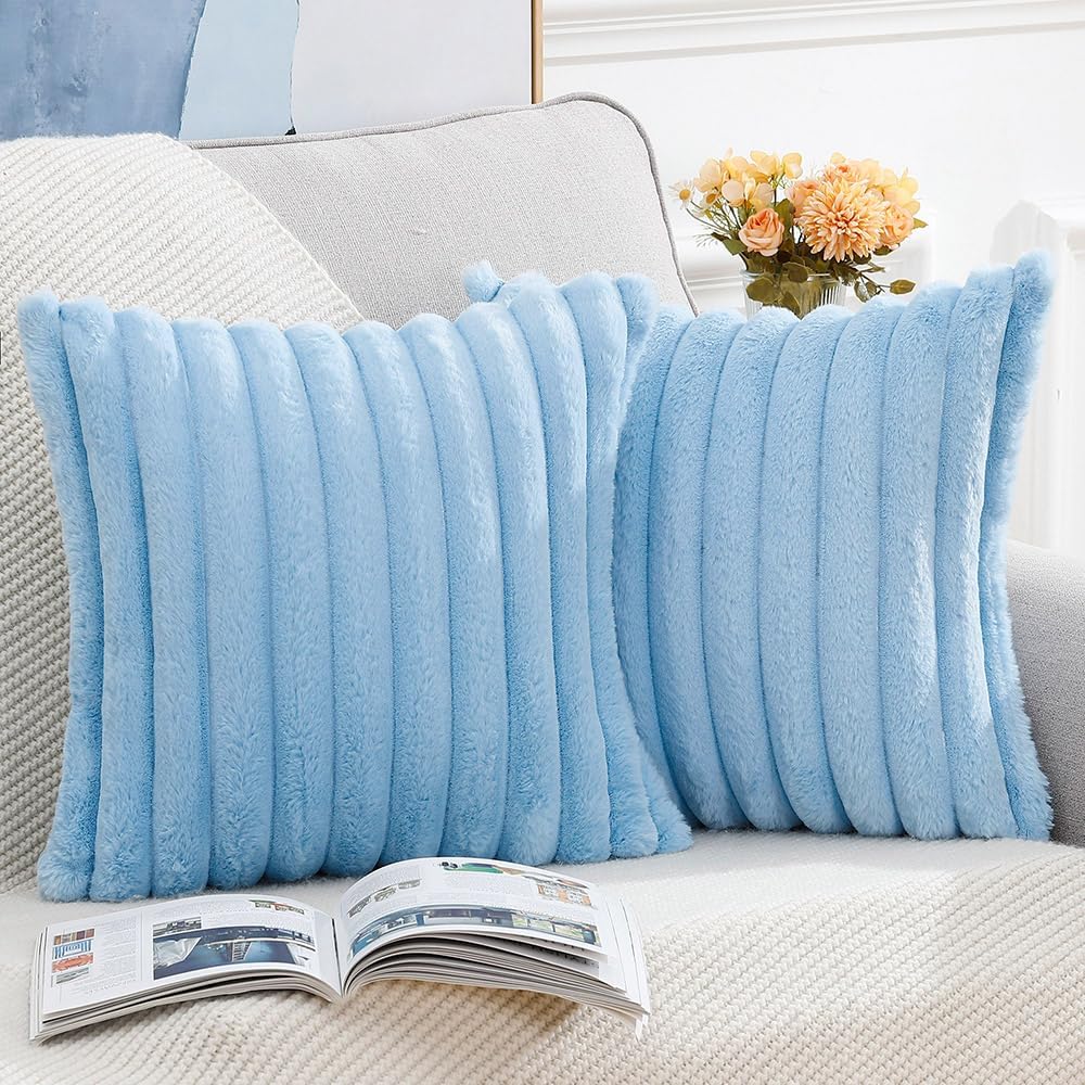 MADIZZ Set of 2 Faux Wool Plush Decorative Throw Pillow Covers 26x26 Inch Light Blue Fluffy Striped Soft Decorative Cushion Cover for Sofa Bedroom Pillow Shell