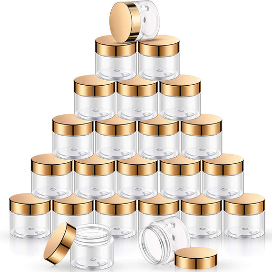 SATINIOR 24 Pieces Empty Clear Plastic Jars with Lids Round Storage Containers Wide Mouth for Beauty Product Cosmetic Cream Lotion Liquid Butter Craft and Food(Gold Lid,16 oz)