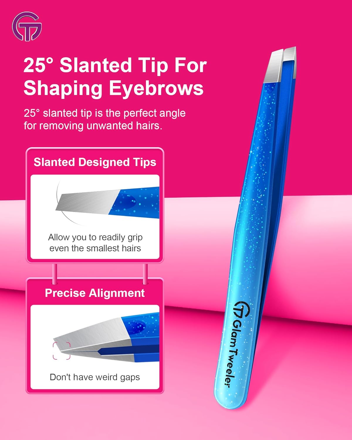 Expert Slant and Point Tip Tweezer Set with Exclusive Storage & Carrying Case, GlamTweeler Sharp & Precision Tweezer Set for Eyebrows, Facial Hairs & Fine Hairs Removal (Sparkle Royal Blue + Silver)