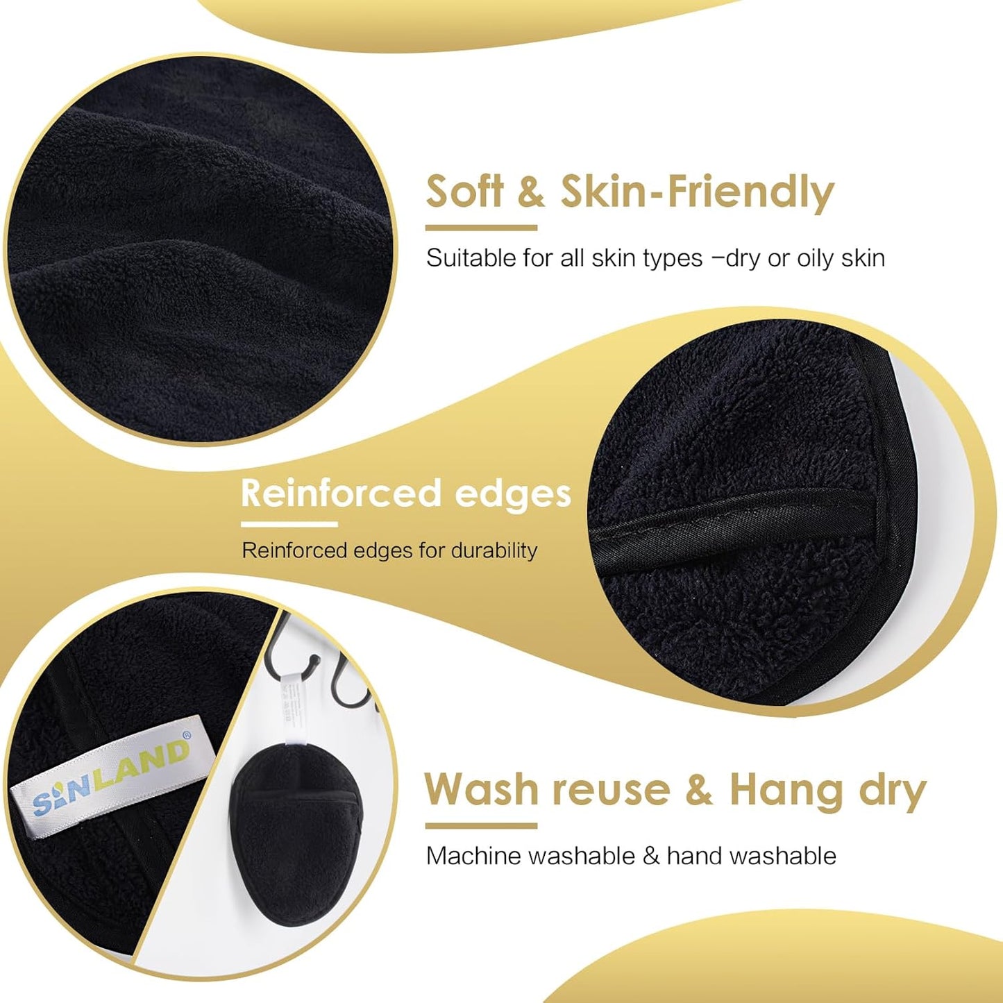 SINLAND Reusable Makeup Remover Pads For Face,Eye,Lips Microfiber Gentle Facial Cleansing Cloths for All Skin Types Friendly for Makeup Remover With Laundry Bag Black Pack of 12