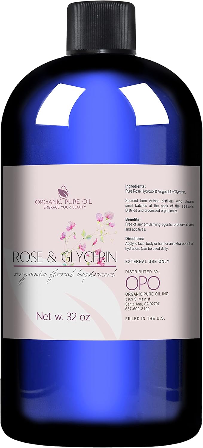 Rosewater Glycerin Mist Toner Bulk Spray Facial Body Floral Cleanser 100% Pure Rose Hydrosol Vegetable Glycerine Moisturizing Cleansing Toning Mix Face Skin Hair Body - Packaging May Vary (32 Ounces)