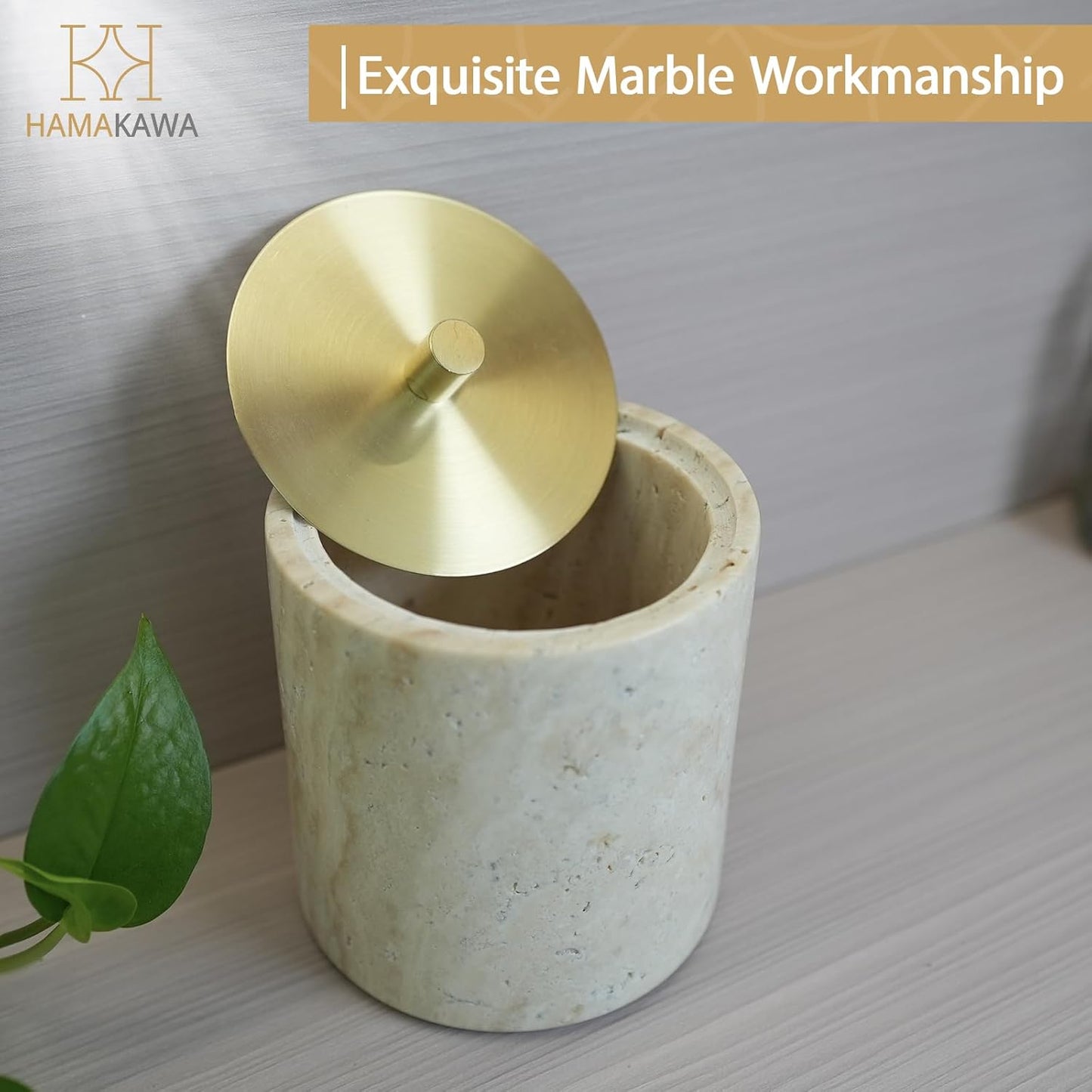 Qtip Holder With Brass Lib, Beige Travertine Cotton Swab Jars 4 Inch, Modern Round Marble Canister, Small Apothecary Storage Jars for Bathroom, Bedroom, Vanity, Kitchen Cabinet