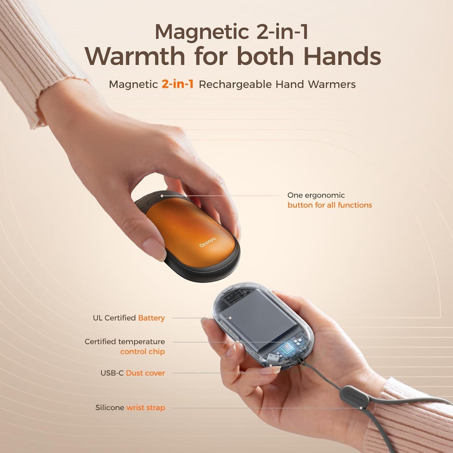 OCOOPA Magnetic Hand Warmers Rechargeable 2 Pack, AI Electric Handwarmers, Fast Heating, 3-Settings, UL Certified, Portable Heater, Gloves Fitting, Travel Essentials, Gifts Women Men, UT3 Lite